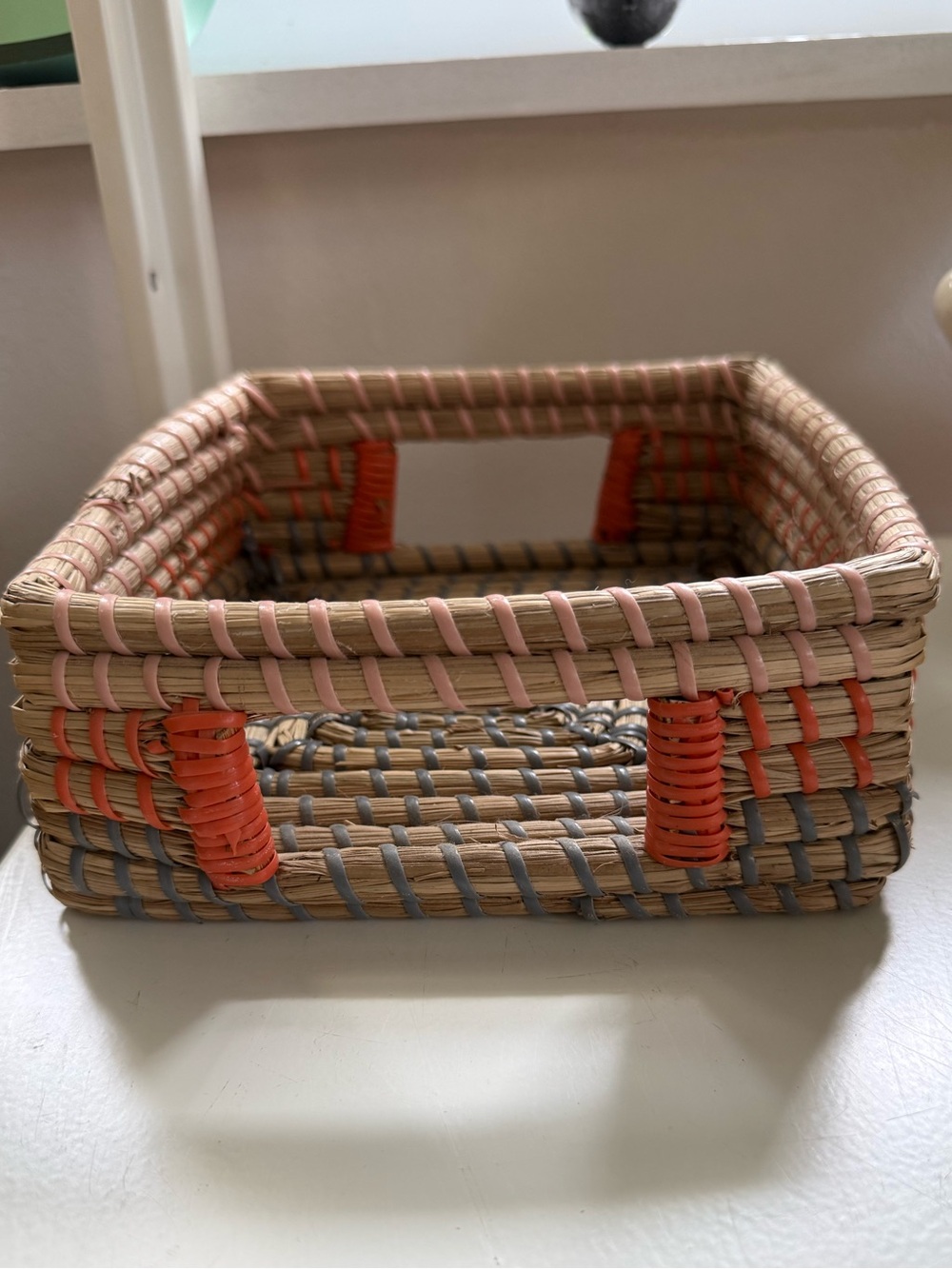 Handwoven Natural and Coral Cocktail Napkin Holder